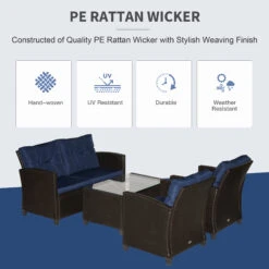 Outsunny 4-Piece Patio Furniture Set, Rattan Wicker Chair W/ Table, Outdoor Conversation Set With Cushion For Backyard, Porch, Or Garden, Blue -Outsunny 4b6a0918007ee56c8