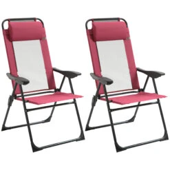 Outsunny 2 Piece Folding Patio Chairs Set, Camping Chair Set Of 2 With Adjustable Sling Back, Removable Headrest, Armrest For Garden, Backyard, Lawn, Red