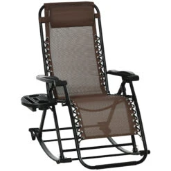 Outsunny Outdoor Rocking Chairs, Foldable Reclining Zero Gravity Lounge Rocker W/ Pillow, Cup & Phone Holder, Combo Design W/ Folding Legs, Brown