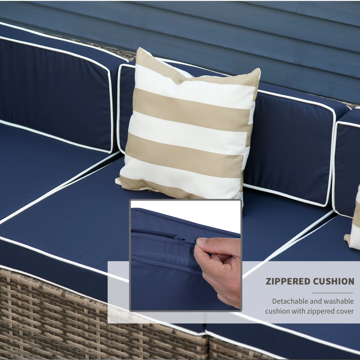 Outsunny 7-Piece Outdoor Wicker Patio Sofa Set, Modern Rattan Conversation Furniture Set With Cushions, Pillows And Tea Table - Blue 8 Outsunny 7-Piece Outdoor Wicker Patio Sofa Set, Modern Rattan Conversation Furniture Set With Cushions, Pillows And Tea Table - Blue - Image 8