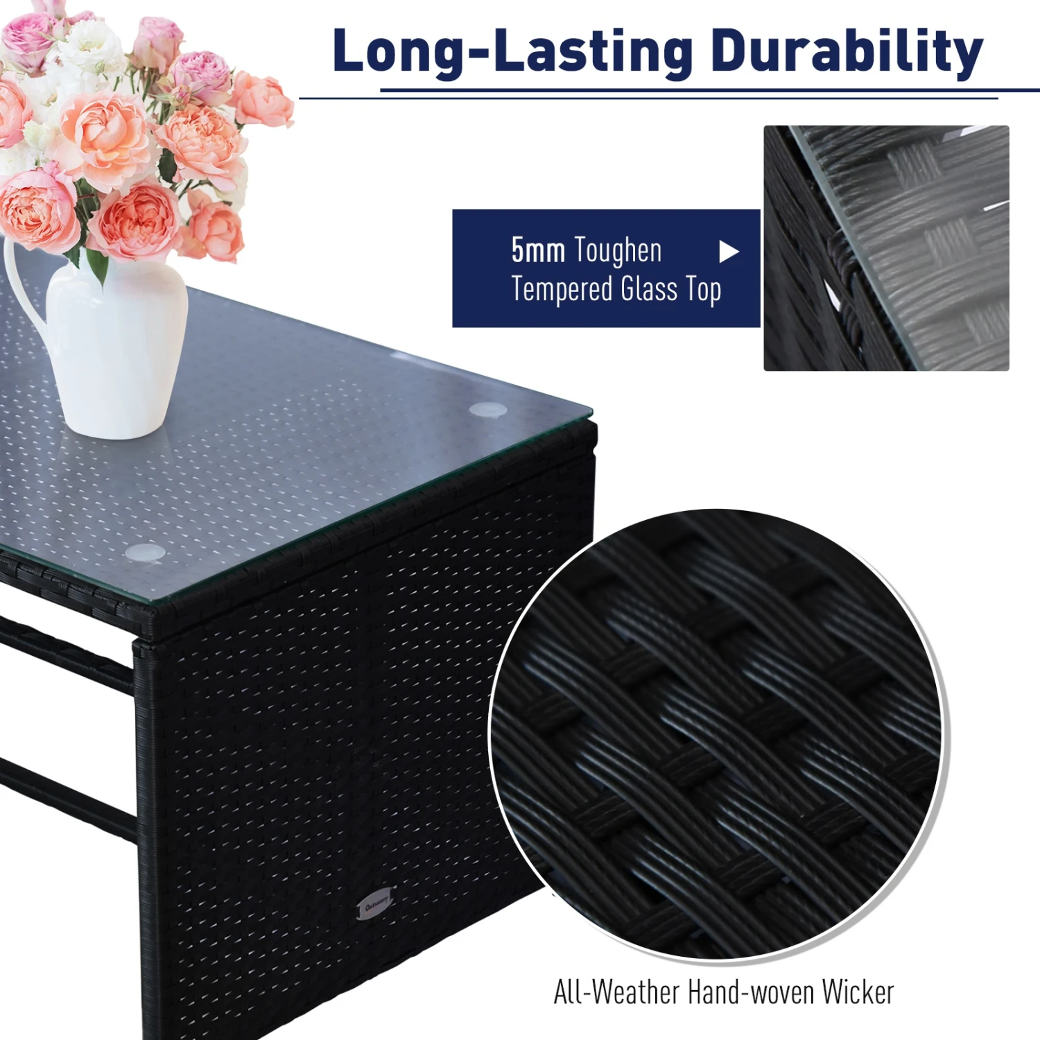 Outsunny 3 Piece Patio Furniture Set, Rattan Outdoor Sofa Set With Chaise Lounge & Loveseat, Soft Cushions, Tempered Glass Table, L-Shaped Sectional Couch, Blue 6 Outsunny 3 Piece Patio Furniture Set, Rattan Outdoor Sofa Set With Chaise Lounge & Loveseat, Soft Cushions, Tempered Glass Table, L-Shaped Sectional Couch, Blue - Image 6