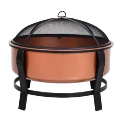 Outsunny Copper-Colored Round Basin Wood Fire Pit Bowl With Organic Black Base, A Wood Poker & Mesh Screen For Embers