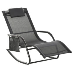 Outsunny Outdoor Rocking Chair, Chaise Lounge Pool Chair For Sun Tanning, Sunbathing, A Rocker With Side Pocket, Armrests & Pillow For Patio, Lawn, Beach, Black