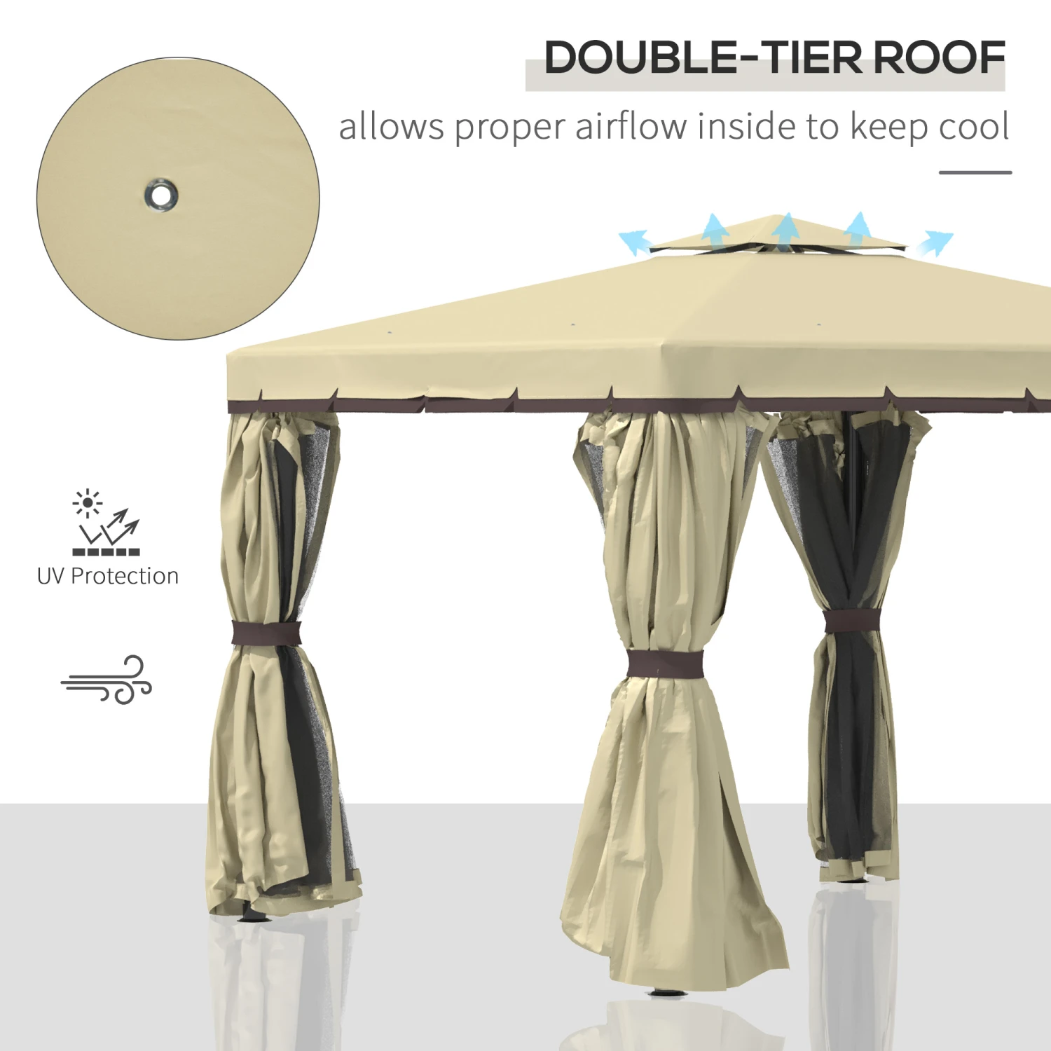 Outsunny 10' x 10' Patio Gazebo, Aluminum Frame Double Roof Outdoor Gazebo Canopy Shelter With Netting & Curtains, For Garden, Lawn, Backyard And Deck, Beige 4 Outsunny 10' x 10' Patio Gazebo, Aluminum Frame Double Roof Outdoor Gazebo Canopy Shelter With Netting & Curtains, For Garden, Lawn, Backyard And Deck, Beige - Image 4
