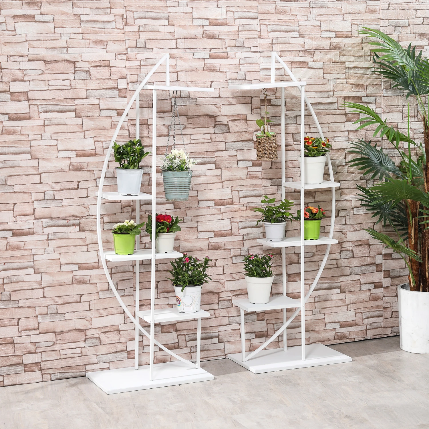 Outsunny 5 Tier Metal Plant Stand With Hangers, Half Moon Shape Flower Pot Display Shelf For Living Room Patio Garden Balcony Decor, White 2 Outsunny 5 Tier Metal Plant Stand With Hangers, Half Moon Shape Flower Pot Display Shelf For Living Room Patio Garden Balcony Decor, White - Image 2