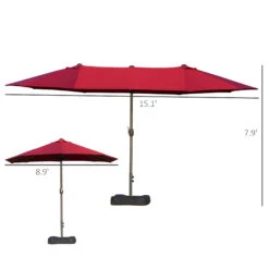 Outsunny Patio Umbrella 15' Steel Rectangular Outdoor Double Sided Market With Base, UV Sun Protection & Easy Crank For Deck Pool Patio, Wine Red -Outsunny 5Tae2217e69692968
