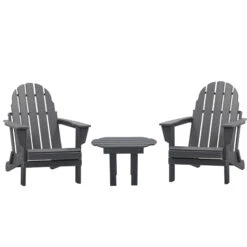 Outsunny 3 Piece Adirondack Chair Set Of 2, HDPE Folding Fire Pit Chairs And Patio Side Table, Outdoor Furniture With Slatted Seat, High Backrest, Armrests, Dark Gray