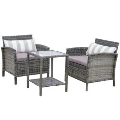 Outsunny 3 Piece Patio Furniture Set, PE Rattan Wicker Table, And Chairs, Conversation Set W/ Washable Cushion And Tempered Glass Tabletop For Outdoor Garden, Cream White Striped