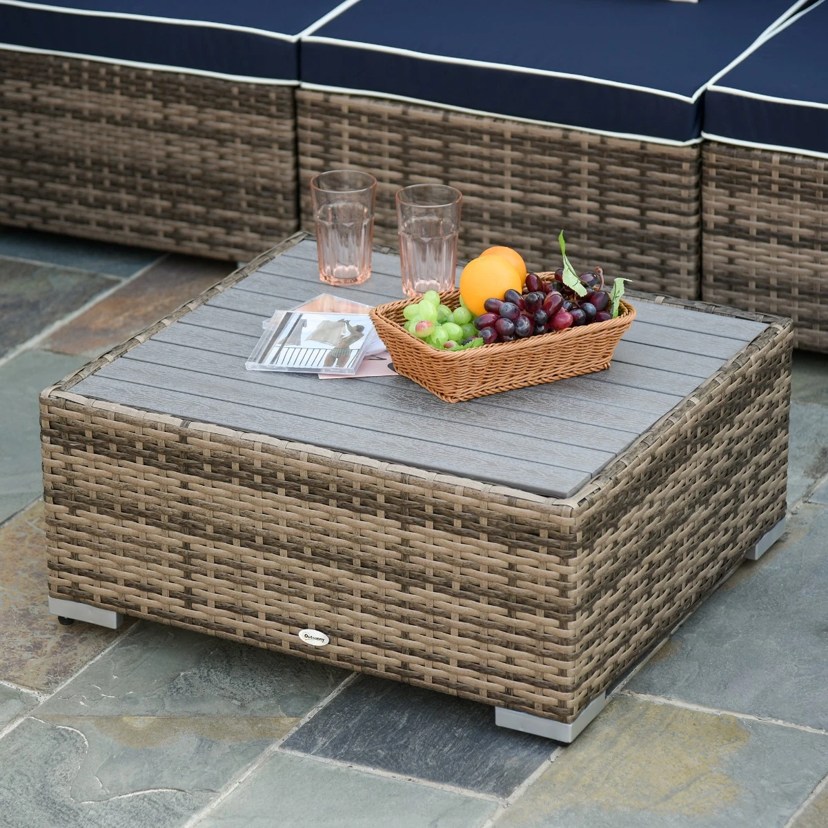 Outsunny 7-Piece Outdoor Wicker Patio Sofa Set, Modern Rattan Conversation Furniture Set With Cushions, Pillows And Tea Table - Blue 11 Outsunny 7-Piece Outdoor Wicker Patio Sofa Set, Modern Rattan Conversation Furniture Set With Cushions, Pillows And Tea Table - Blue - Image 11