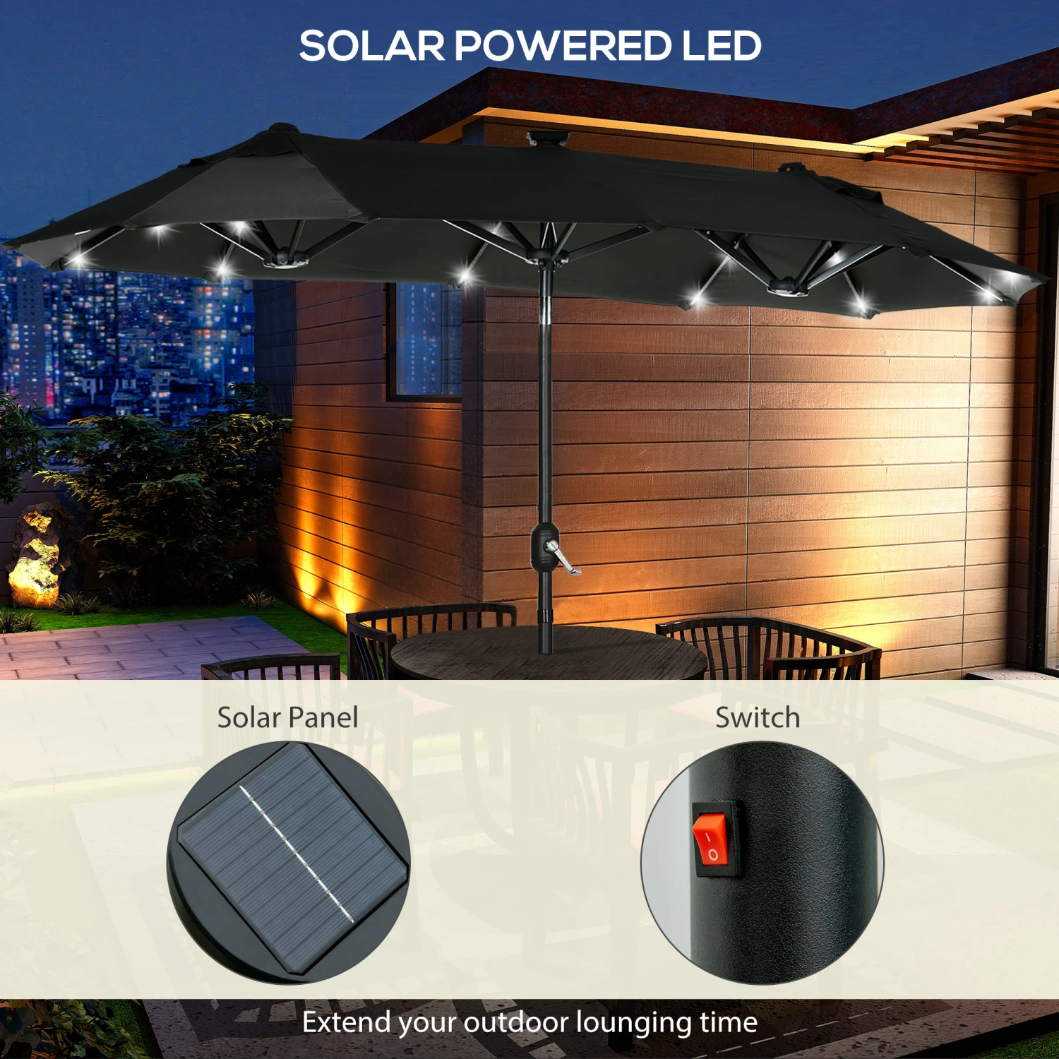 Outsunny 10ft Double-sided Patio Umbrella With Solar Lights And Sandbag Base, Outdoor Umbrella With Push Button Tilt, Crank, Air Vents For Garden, Backyard, Deck, Pool, Market, Gray 4 Outsunny 10ft Double-sided Patio Umbrella With Solar Lights And Sandbag Base, Outdoor Umbrella With Push Button Tilt, Crank, Air Vents For Garden, Backyard, Deck, Pool, Market, Gray - Image 4