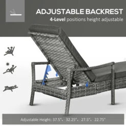 Outsunny Wicker Chaise Lounge, 4 Position Adjustable Backrest And Cushions Outdoor Lounge Chair PE Rattan Sun Lounger For Poolside, Balcony Or Garden, Dark Grey -Outsunny 5hd8f717ed369690f