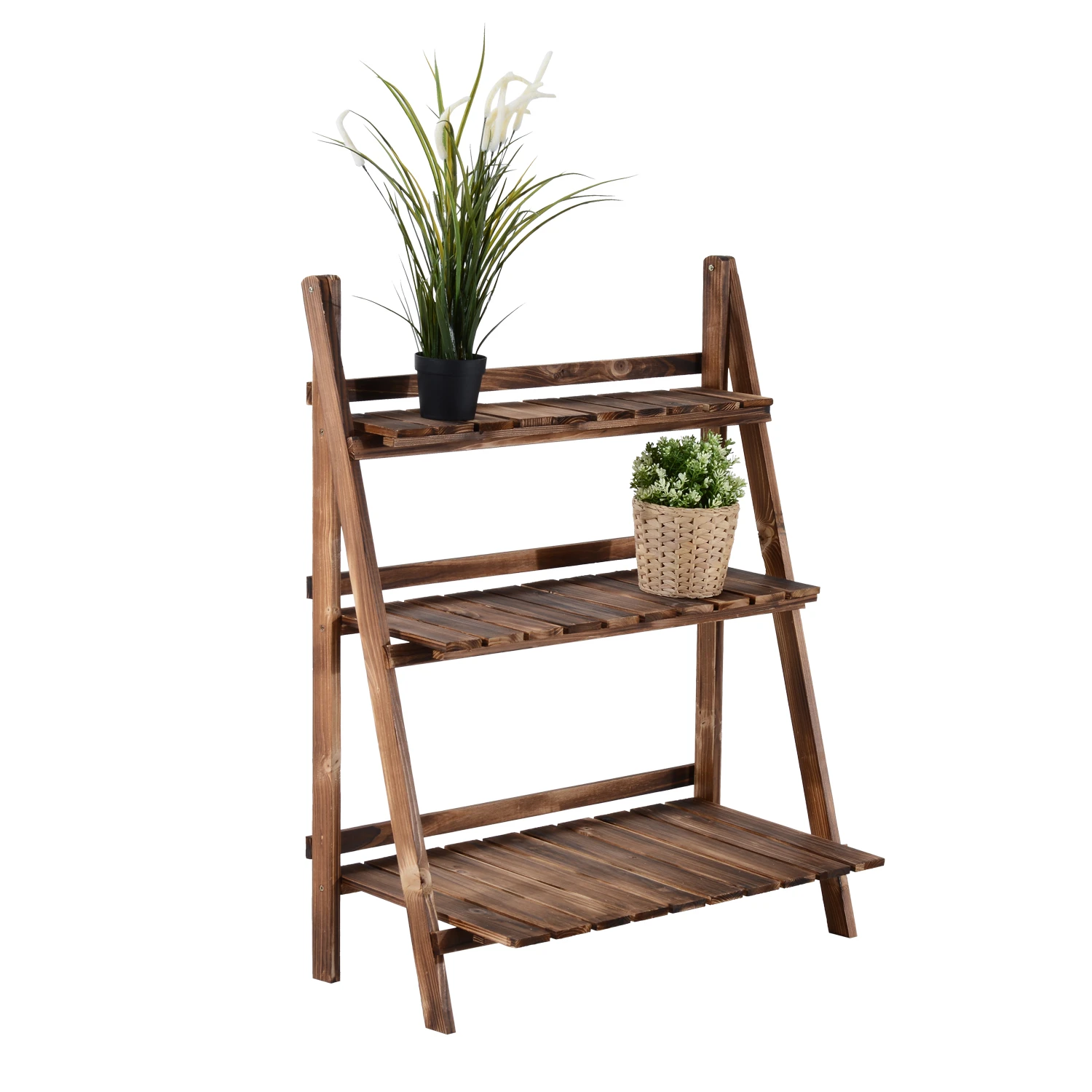 Outsunny 32'' Foldable Plant Stand, 3-Tier Wooden Flower Stand, Ladder Display Shelf With Slatted Bottom, For Garden Indoor Outdoor 4 Outsunny 32'' Foldable Plant Stand, 3-Tier Wooden Flower Stand, Ladder Display Shelf With Slatted Bottom, For Garden Indoor Outdoor - Image 4