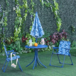 Outsunny Kids Folding Table And Chairs Set Shark Pattern For Outdoor Garden Patio Backyard With Removable & Height Adjustable Sun Umbrella, Blue -Outsunny 5lHa1918377306f65