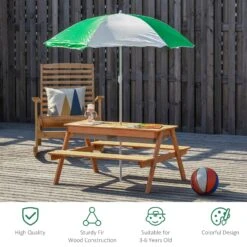 Outsunny Kids Picnic Table With Umbrella And Storage Inside, Sand And Water Table, Kids Outdoor Furniture, Wooden Bench Backyard Furniture For Garden, Patio, Or Balcony -Outsunny 6CK56817e691fd79c