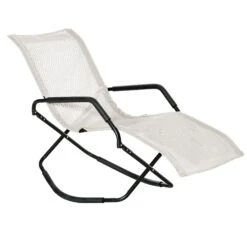 Outsunny Outdoor Folding Rocking Chair, Foldable Chaise Lounge Pool Chair With Armrests For Sun Tanning, Sunbathing, Rocker For Patio, Lawn, Beach, Cream White