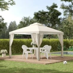 Outsunny 10' X 10' Patio Gazebo Outdoor Canopy Shelter With 2-Tier Roof And Netting, Steel Frame For Garden, Lawn, Backyard And Deck, Cream White