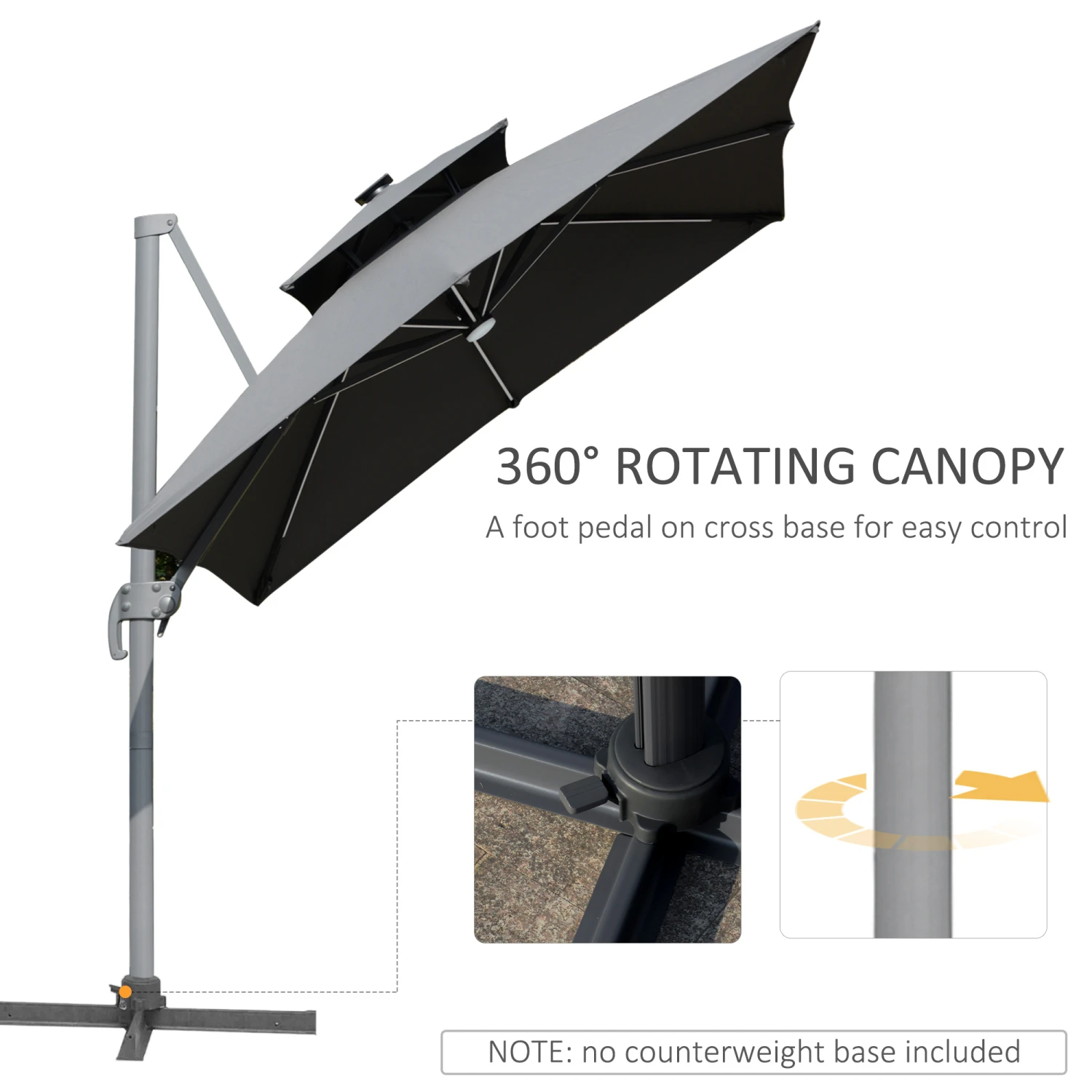Outsunny 10FT Cantilever Patio Umbrella With Solar LED Lights & Power Bank, Double Top Outdoor Offset Umbrella With 360° Rotation, 4-Position Tilt, Crank & Cross Base For Garden Deck Pool, Grey 4 Outsunny 10FT Cantilever Patio Umbrella With Solar LED Lights & Power Bank, Double Top Outdoor Offset Umbrella With 360° Rotation, 4-Position Tilt, Crank & Cross Base For Garden Deck Pool, Grey - Image 4