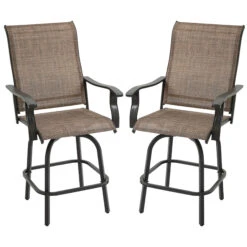 Outsunny Set Of 2 Outdoor Swivel Bar Stools With Armrests, Bar Height Patio Chairs With Steel Frame For Balcony, Poolside, Backyard, Brown