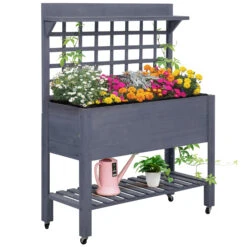 Outsunny 41" Raised Garden Bed Mobile Elevated Wooden Planter Box Stand With Wheels, Trellis And Storage Shelf, Gray