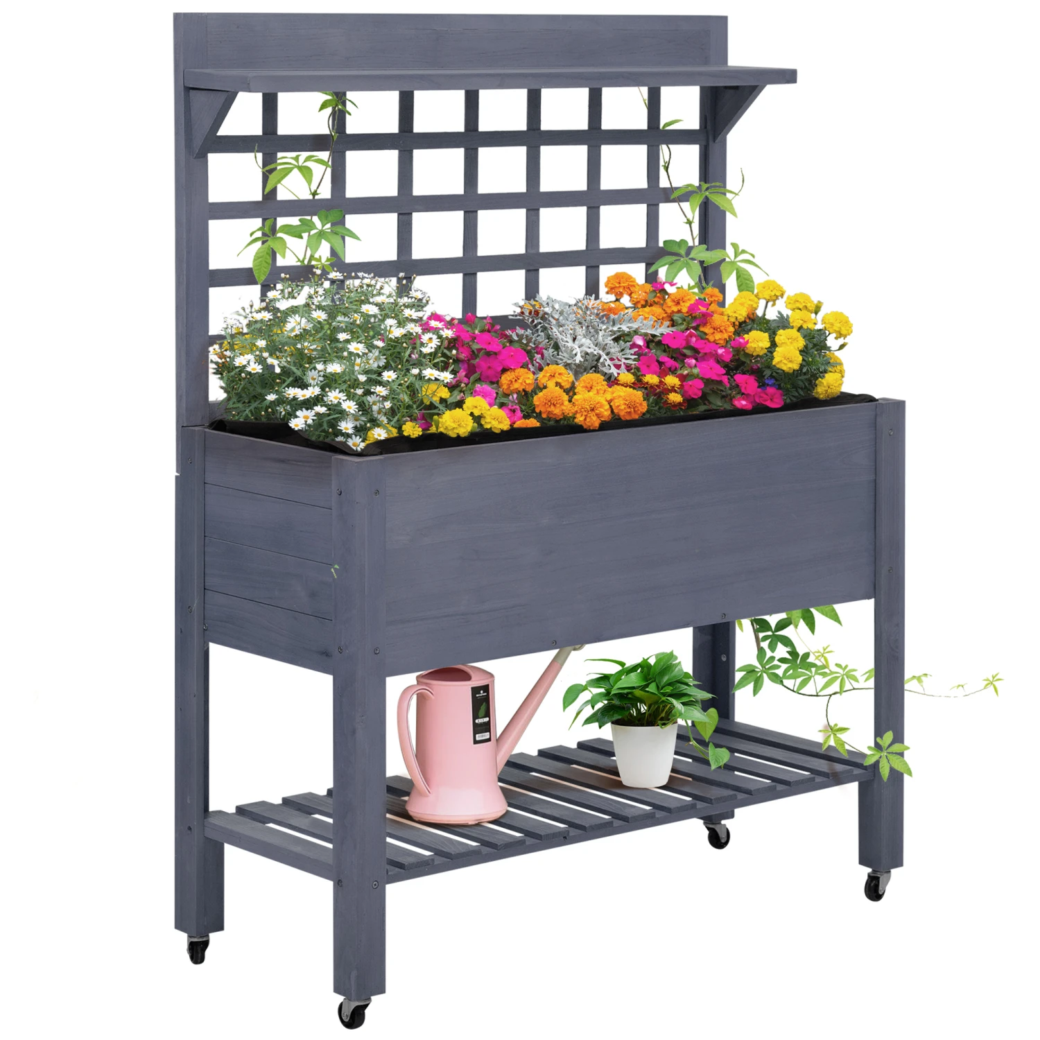 Outsunny 41" Raised Garden Bed Mobile Elevated Wooden Planter Box Stand With Wheels, Trellis And Storage Shelf, Gray 1 Outsunny 41" Raised Garden Bed Mobile Elevated Wooden Planter Box Stand With Wheels, Trellis And Storage Shelf, Gray