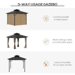 Outsunny 10' X 10' Hardtop Gazebo Canopy With Galvanized Steel Double Roof, Aluminum Frame, Permanent Pavilion Outdoor Gazebo With Netting And Curtains For Patio, Garden, Backyard, Dark Brown -Outsunny 6od9da18919fceea2