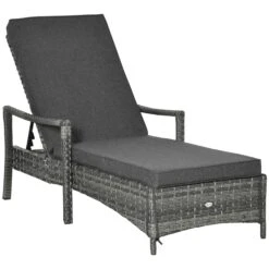 Outsunny Wicker Chaise Lounge, 4 Position Adjustable Backrest And Cushions Outdoor Lounge Chair PE Rattan Sun Lounger For Poolside, Balcony Or Garden, Dark Grey