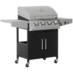 Outsunny 52" Barbecue Grill With Wheels 4+1 Burner Liquid Propane Gas Grill Outdoor Cabinet Style BBQ Trolley W/ Side Burner, Warming Rack, Storage Cabinet