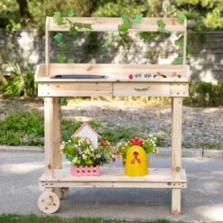 Outsunny 36'' Wooden Potting Bench Work Table With 2 Removable Wheels, Sink, Drawer & Large Storage Spaces, Natural -Outsunny 7HTa8117e684426f0