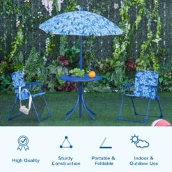 Outsunny Kids Folding Table And Chairs Set Shark Pattern For Outdoor Garden Patio Backyard With Removable & Height Adjustable Sun Umbrella, Blue -Outsunny 7MO7f517e6b209835