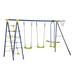 Outsunny Swing Set Outdoor For Kids, W/ Adjustable Height Seat, Basket Hoop, Glider