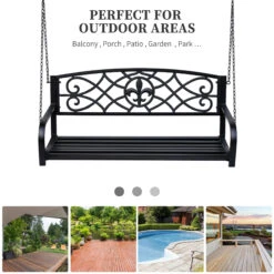 Outsunny 2-Person Porch Swing, Hanging Steel Patio Swing, Outdoor Swing Bench With Fleur-de-Lis Design For Garden Deck, 528 LBS Weight Capacity, Black -Outsunny 7f975617fe7fbcf6b