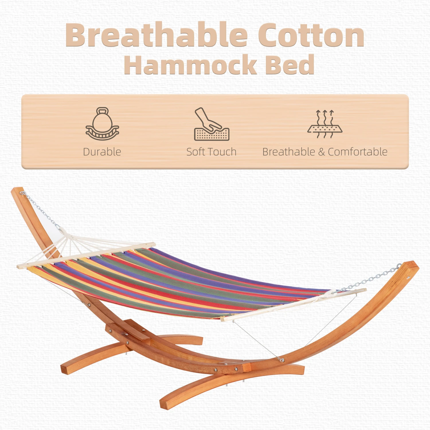 Outsunny Outdoor Hammock With Stand, Extra Large Heavy Duty Wooden Frame, No Tree Needed, 12.8' Indoor Outside Boho Style Nap Bed, Natural Cotton, Rainbow 4 Outsunny Outdoor Hammock With Stand, Extra Large Heavy Duty Wooden Frame, No Tree Needed, 12.8' Indoor Outside Boho Style Nap Bed, Natural Cotton, Rainbow - Image 4