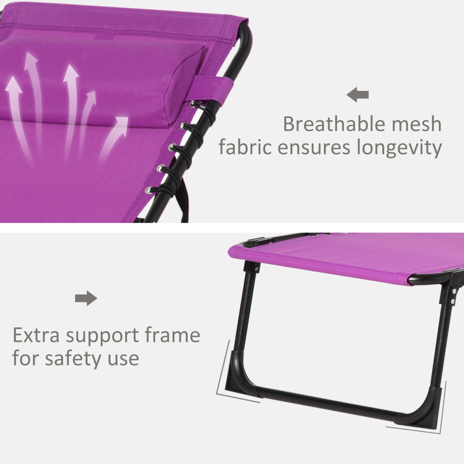 Outsunny Folding Chaise Lounge Pool Chairs, Outdoor Sun Tanning Chairs, Folding, Reclining Back, Steel Frame & Breathable Mesh For Beach, Yard, Patio, Purple 6 Outsunny Folding Chaise Lounge Pool Chairs, Outdoor Sun Tanning Chairs, Folding, Reclining Back, Steel Frame & Breathable Mesh For Beach, Yard, Patio, Purple - Image 6
