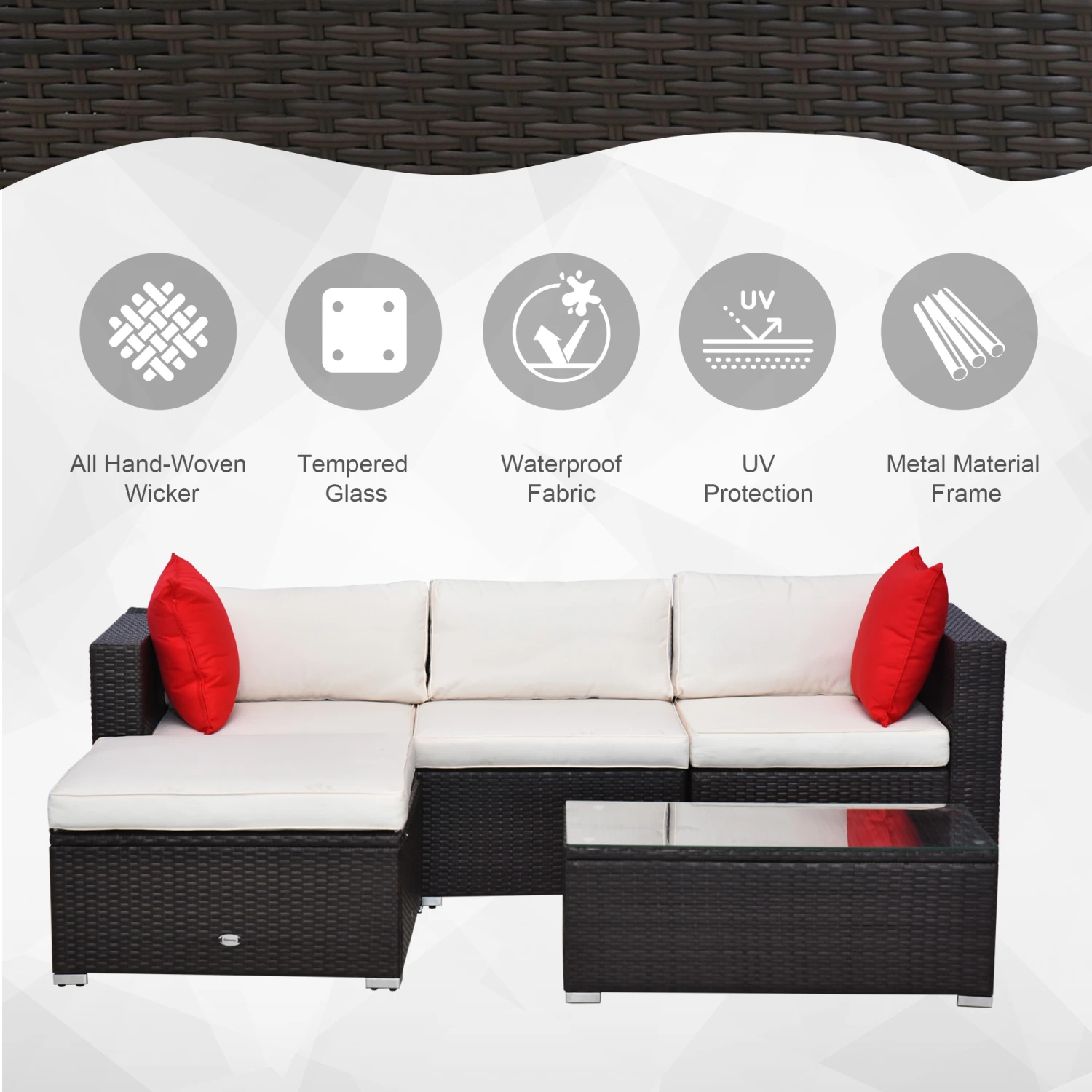 Outsunny 5-Piece Outdoor Sectional Furniture, Patio Wicker Couch, All-Weather PE Rattan Sofa Set With Cushions, Pillows, Glass Coffee Table For Garden, Backyard, Cream White 4 Outsunny 5-Piece Outdoor Sectional Furniture, Patio Wicker Couch, All-Weather PE Rattan Sofa Set With Cushions, Pillows, Glass Coffee Table For Garden, Backyard, Cream White - Image 4