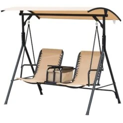 Outsunny 2-Seat Patio Swing Chair, Outdoor Canopy Swing Glider With Pivot Storage Table, Cup Holder, Adjustable Shade, Bungie Seat Suspension And Weather Resistant Steel Frame, Beige
