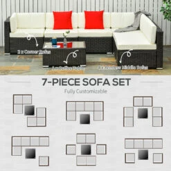 Outsunny 7 Piece Outdoor Patio Furniture Set, PE Rattan Wicker Sectional Sofa Set With Couch Cushions, Throw Pillows And Coffee Table, Orange, White -Outsunny 7zBb10187e52e9bf8