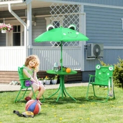 Outsunny Folding Kids Table And Chair Set, Picnic Table With Frog Pattern Removable & Height Adjustable Sun Umbrella For Garden, Backyard, Green -Outsunny 8CY6ff181ae097f07