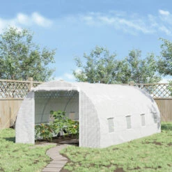 Outsunny 20' X 10' X 7' Walk-In Tunnel Greenhouse, Garden Warm House, Large Hot House Kit With 8 Roll-up Windows & Roll Up Door, Steel Frame, White