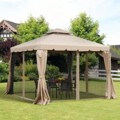 Outsunny 10' X 10' Patio Gazebo, Outdoor Gazebo Canopy Shelter With Double Vented Roof, Netting And Curtains, For Garden, Lawn, Backyard And Deck, Khaki