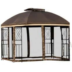Outsunny 10' X 10' Patio Gazebo With Corner Shelves, Double Roof Outdoor Gazebo Canopy Shelter With Removable Mesh Netting, For Garden, Lawn, Backyard And Deck, Brown