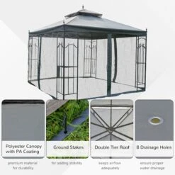 Outsunny 10' X 10' Patio Gazebo With Corner Frame Shelves, Double Roof Outdoor Gazebo Canopy Shelter With Netting, For Patio, Wedding, Catering & Events, Gray -Outsunny 8uIeed17e681f90d8