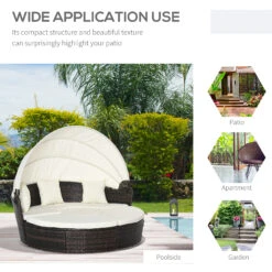 Outsunny 4pc Rattan Patio Furniture Set, Round Convertible Daybed Or Sunbed, Adjustable Sun Canopy, Sectional Outdoor Sofa, 2 Chairs, Table, 3 Pillows, PE Plastic Wicker, Beige -Outsunny 90ua091815334ec3d