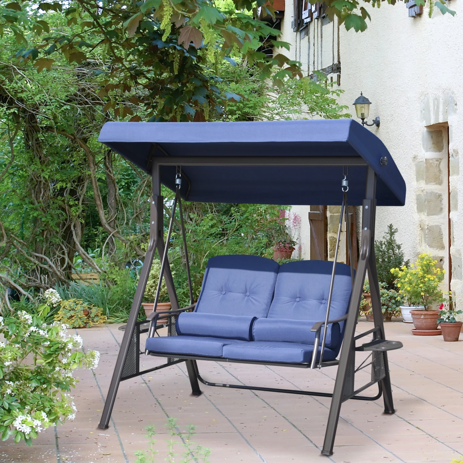 Outsunny 2 Seater Swing Chair, Garden Loveseat Swing Bench With Adjustable Canopy, Soft Cushions, Throw Pillows And Tray For Patio, Yard, Dark Blue 2 Outsunny 2 Seater Swing Chair, Garden Loveseat Swing Bench With Adjustable Canopy, Soft Cushions, Throw Pillows And Tray For Patio, Yard, Dark Blue - Image 2