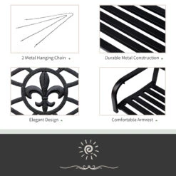 Outsunny 2-Person Porch Swing, Hanging Steel Patio Swing, Outdoor Swing Bench With Fleur-de-Lis Design For Garden Deck, 528 LBS Weight Capacity, Black -Outsunny 98G88c17fe7fbcf6b