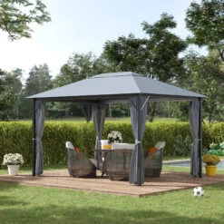 Outsunny 10' x 13' Patio Gazebo, Aluminum Frame, Outdoor Gazebo Canopy Shelter With Netting & Curtains, Garden, Lawn, Backyard And Deck, Gray -Outsunny 9Uy90f1831ff8a79a