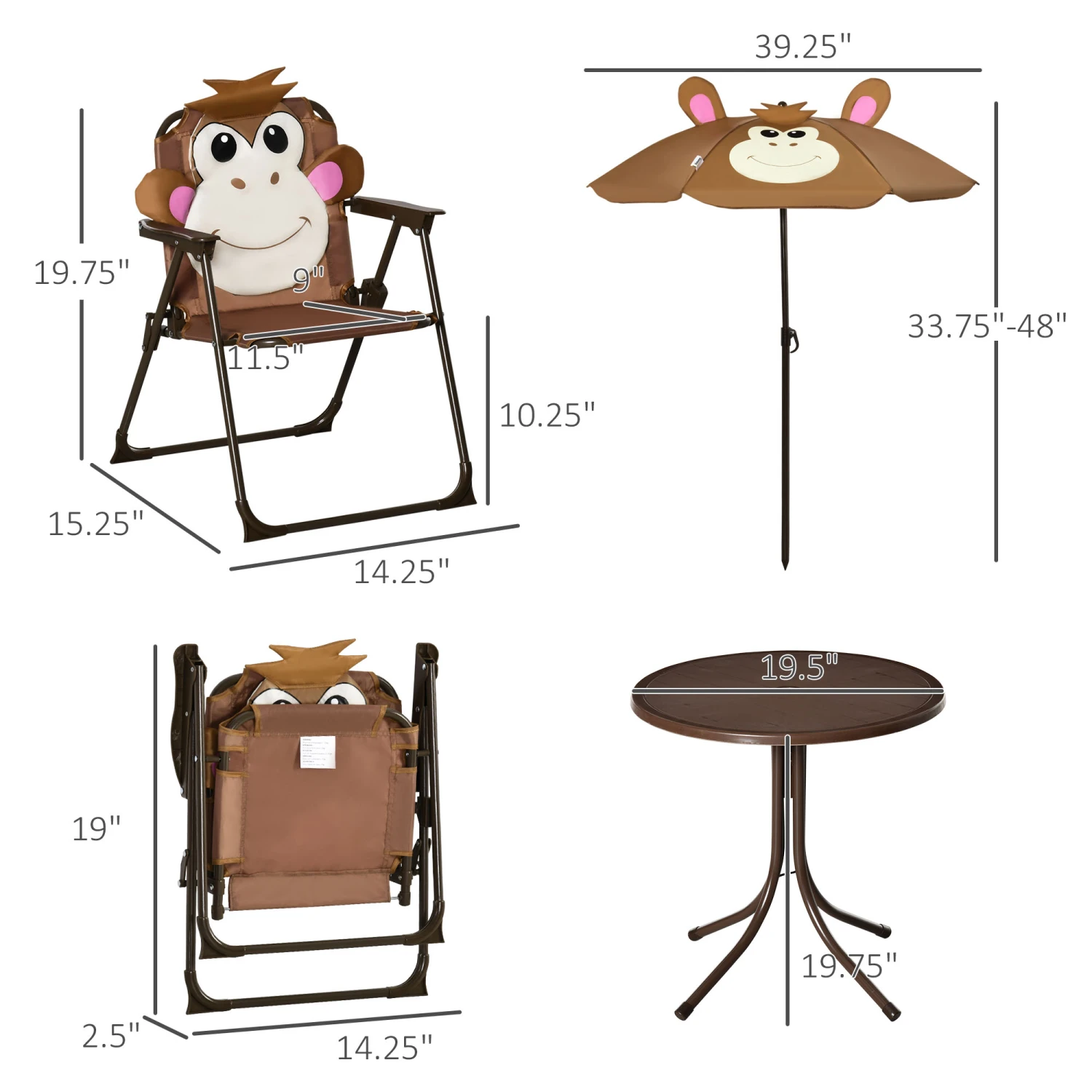 Outsunny Kids Table And Chair Set, Outdoor Folding Garden Furniture, For Patio Backyard, With Monkey Pattern, Removable & Height Adjustable Sun Umbrella, Aged 3-6 Years Old 3 Outsunny Kids Table And Chair Set, Outdoor Folding Garden Furniture, For Patio Backyard, With Monkey Pattern, Removable & Height Adjustable Sun Umbrella, Aged 3-6 Years Old - Image 3