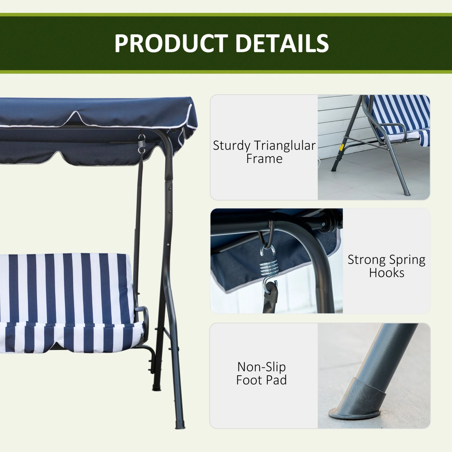 Outsunny 3-Person Patio Porch Swing With Adjustable Canopy For Adults, Steel Frame, Seat & Backrest Cushion, Armrests, Dark Blue & White Striped 7 Outsunny 3-Person Patio Porch Swing With Adjustable Canopy For Adults, Steel Frame, Seat & Backrest Cushion, Armrests, Dark Blue & White Striped - Image 7