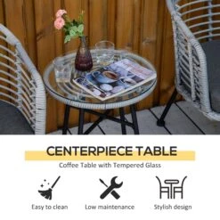 Outsunny 3 Piece Patio Set, Outdoor Bistro Furniture, PE Rattan Wicker Table And Chairs, Cushioned, Hand Woven, Barrel-Style With Tempered Glass For Garden, Porch, Pool, Backyard, Mixed Gray -Outsunny 9j9b1417ed344b939