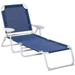 Outsunny Folding Chaise Lounge, Outdoor Sun Tanning Chair, 4-Position Reclining Back, Armrests, Iron Frame & Mesh Fabric For Beach, Yard, Patio, Blue