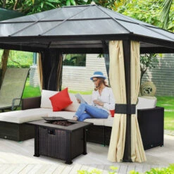 Outsunny 30 Inch Outdoor Propane Gas Fire Pit Table, 50,000 BTU Auto-Ignition Square Wicker-effect Gas Firepit With Ceramic Tabletop, Lid, Lava Rocks & Rain Cover, CSA Certification -Outsunny 9tC6ff1800177eba5